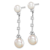 Sterling Silver Rhodium-plated CZ FWC Button Pearl Dangle Post Earrings
